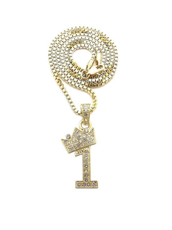 Stone Stud Tilted Crown Number Micro Pendant with 3mm Box Chain Necklace, #1/Gold-Tone/30"