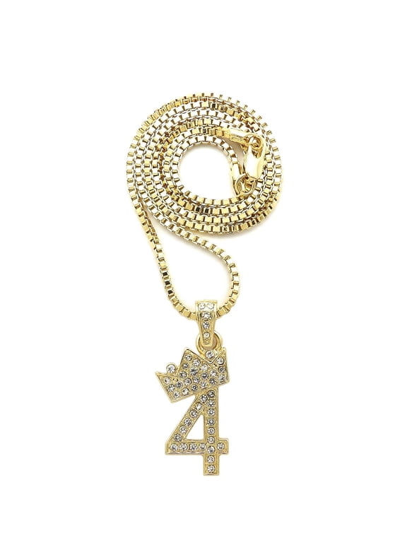 Stone Stud Tilted Crown Number Micro Pendant with 3mm Box Chain Necklace, #4/Gold-Tone/24"