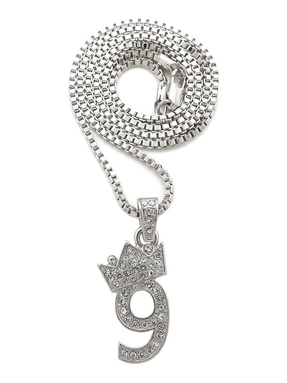 Stone Stud Tilted Crown Number Micro Pendant with 3mm Box Chain Necklace, #9/Silver-Tone/24"