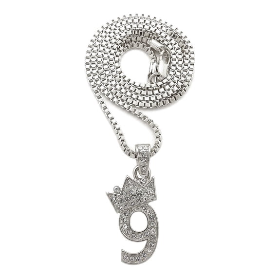 Stone Stud Tilted Crown Number Micro Pendant with 3mm Box Chain Necklace, #9/Silver-Tone/24"