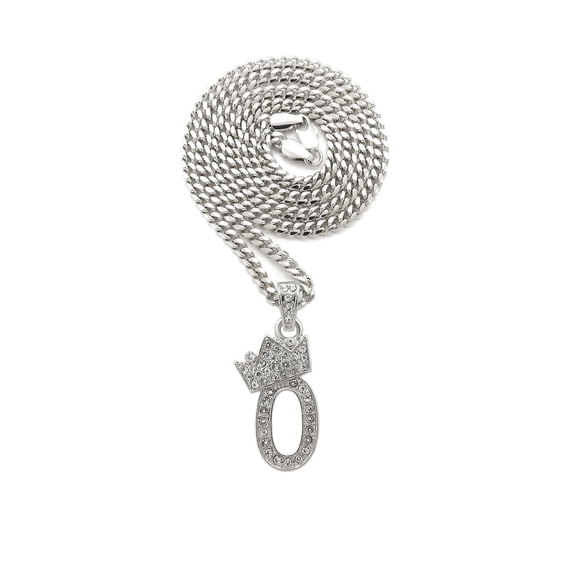 Stone Stud Tilted Crown Number Micro Pendant with 3mm Cuban Chain Necklace, #0/Silver-Tone/20"