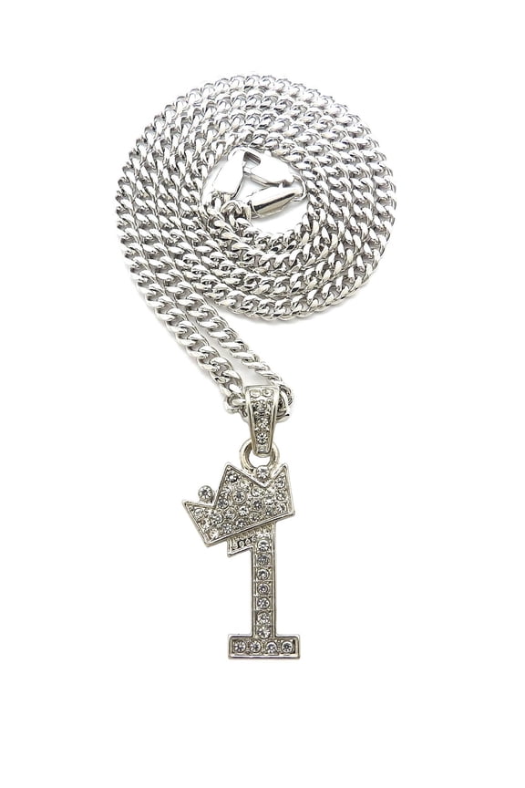 Stone Stud Tilted Crown Number Micro Pendant with 3mm Cuban Chain Necklace, #1/Silver-Tone/30"