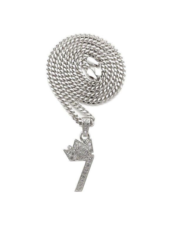 Stone Stud Tilted Crown Number Micro Pendant with 3mm Cuban Chain Necklace, #7/Silver-Tone/30"