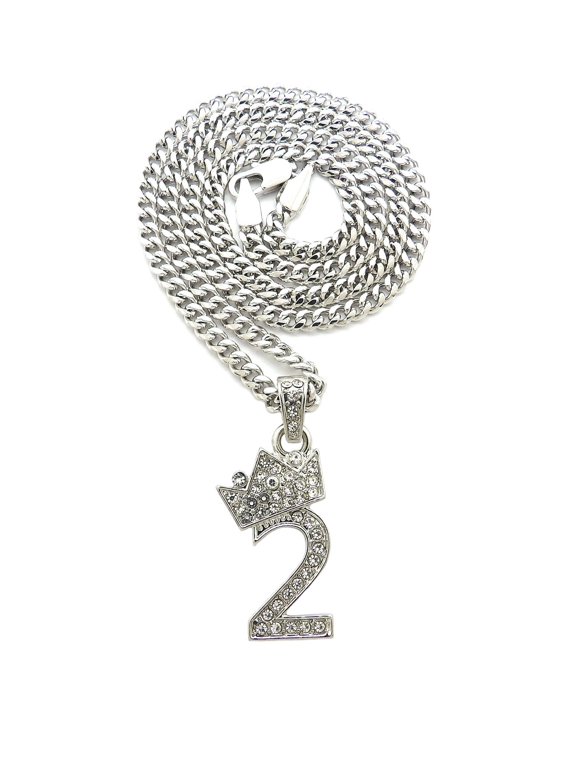 Stone Stud Tilted Crown Number Micro Pendant with 4mm Cuban Chain Necklace, #2/Silver-Tone/24"