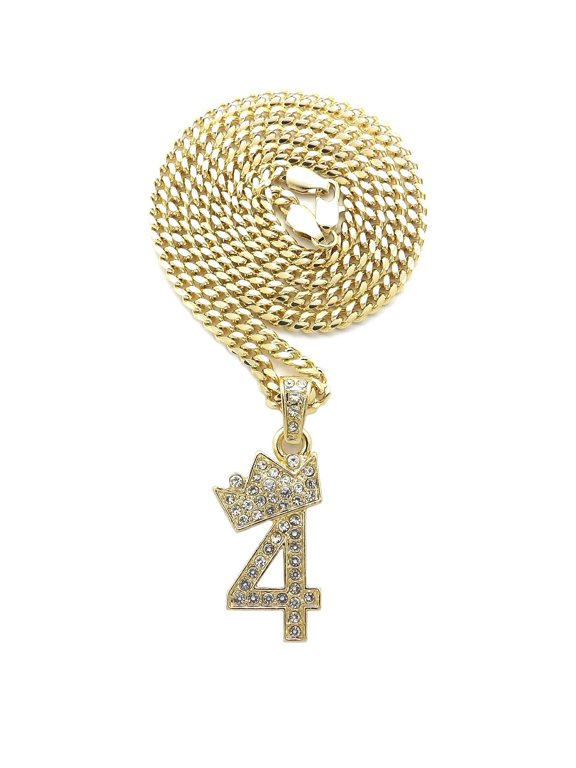 Stone Stud Tilted Crown Number Micro Pendant with 4mm Cuban Chain Necklace, #4/Gold-Tone/30"