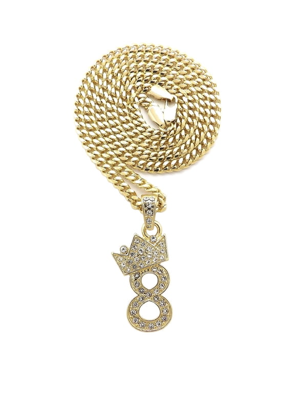Stone Stud Tilted Crown Number Micro Pendant with 4mm Cuban Chain Necklace, #8/Gold-Tone/24"