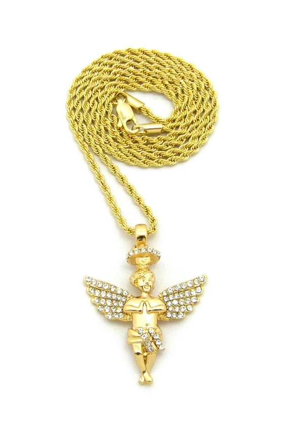 Stone Stud Wing Halo Praying Angel Pendant with Chain Necklace - 3mm 18" Gold-Tone Rope Chain