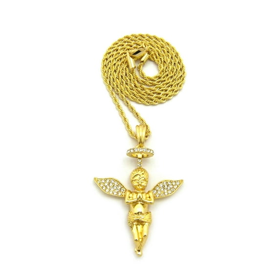 Stone Stud Winged Praying Halo Angel Pendant with Chain Necklace - 3mm 18" Gold-Tone Rope Chain