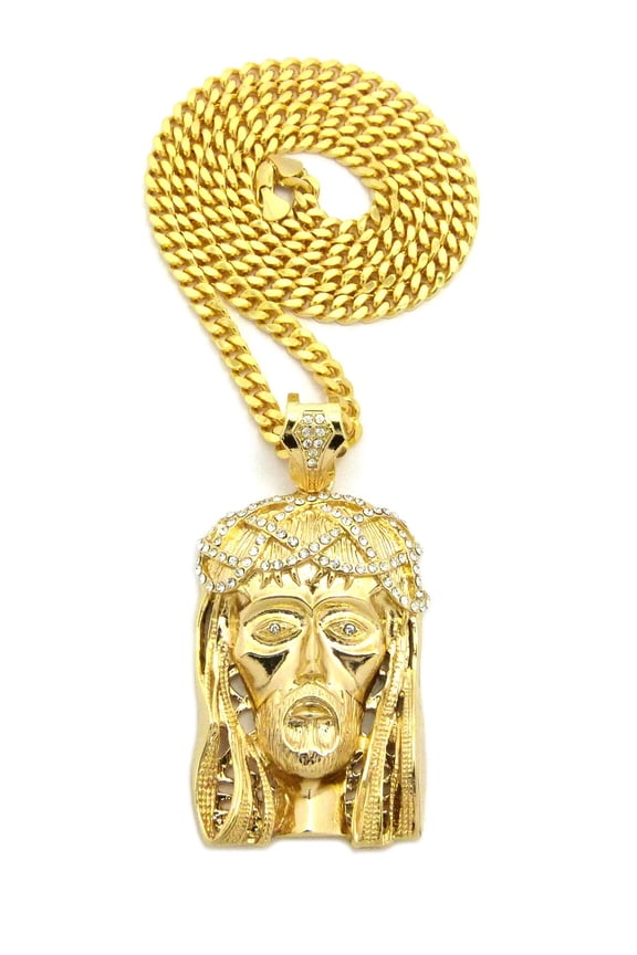 Stone Stud Woven Crown of Thorns Jesus Head Pendant w/6mm 30" Box Cuban Chain Necklace, Gold-Tone