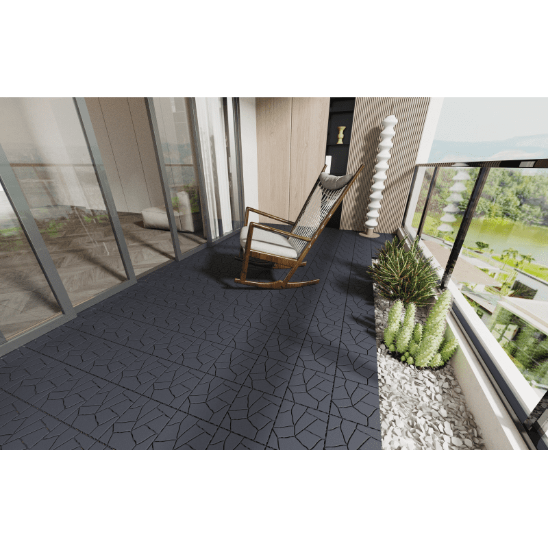 Stone Style 12" Patio Deck Tiles - DIY Interlocking Decking Floor Tiles, Easy & Quick Installation, Court Tiles for Porch, Poolside, Balcony, Backyard - 44pcs Dark Gray