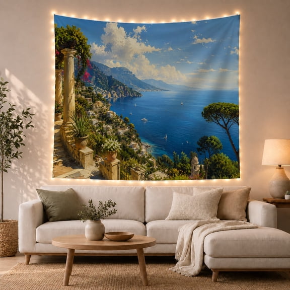 Stone Terrace Above Deep Blue Sea, Romantic Coastal for Travel Lovers, Mediterranean Vista Art, Anniversary Gift, Tapestry Wall Hanging for Bedroom and Living Room