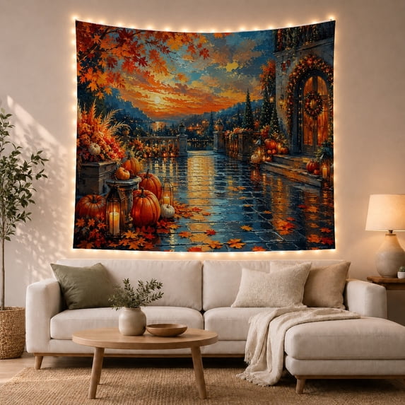 Stone Terrace Overlooking Water at Sunset, Cozy Rustic for Nature Lovers, Fall Harvest Wall Art, Thanksgiving Gift Tapestry Wall Hanging for Living Room and Bedroom
