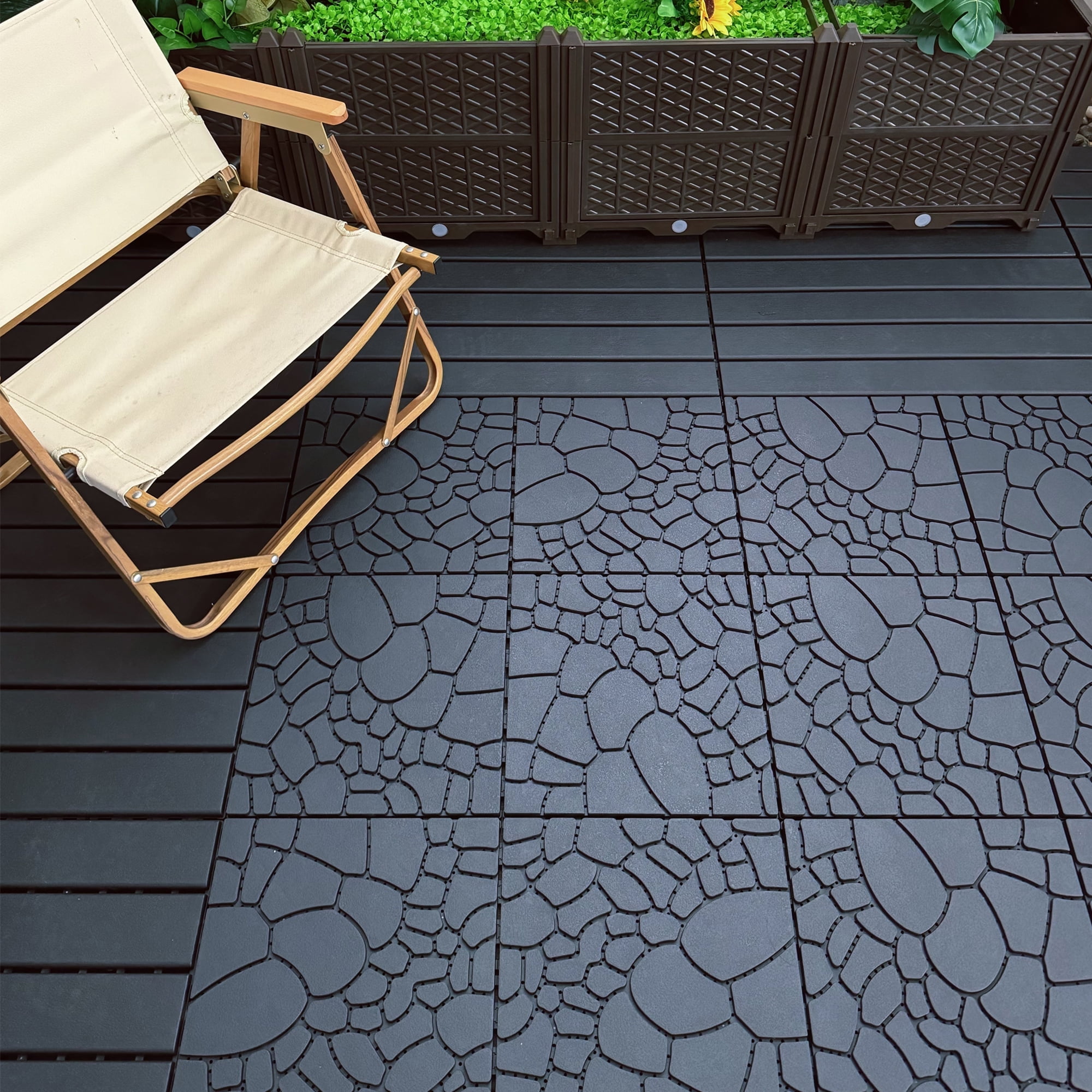 Stone Texture 12" Interlocking Patio Deck Tiles, Dark Gray  44-Pack DIY Outdoor Flooring, Durable Polypropylene with Drainage & Non-Slip Design