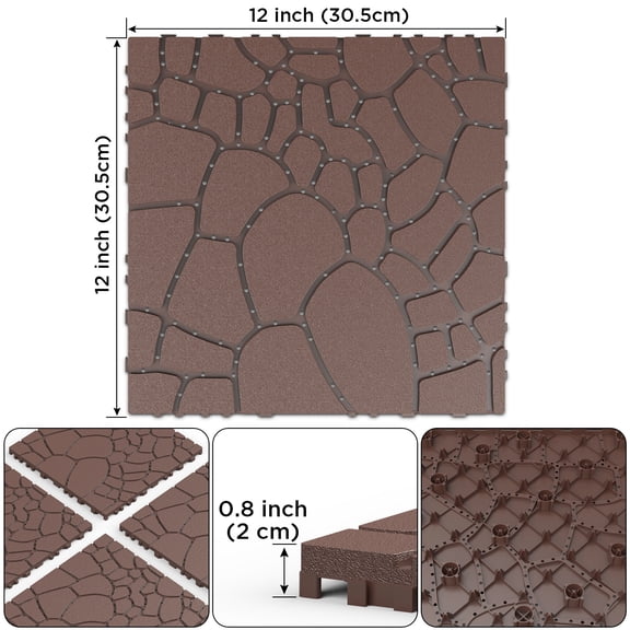 Stone Texture 12 Patio Deck Tiles, 44 Pack DIY Interlocking Decking Tiles for Porch Poolside Balcony Backyard, Easy Quick Installation, Red+Brown Polypropylene Floor Tiles