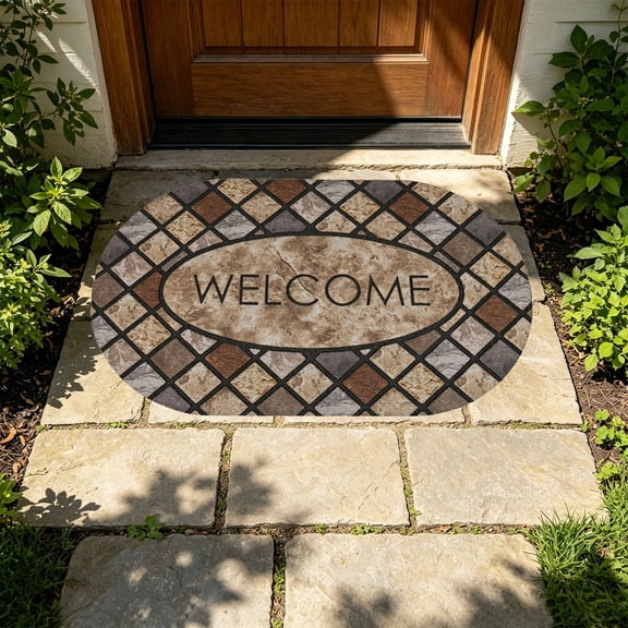 Stone Texture Door Mat - 15.7x23.6 in Brown Absorbent Non-Slip Doormat for Front Door Entryway, Heavy Duty Indoor Outdoor Entrance Rug with Rubber Backing, Stain Resistant - Oval Style A