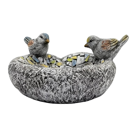 Stone Texture Resin Bird Bath with Perched Birds, Outdoor Garden Decor Water Bowl, Vintage Mosaic Look for Patio Lawn and Yard 10" X 9" X 5"