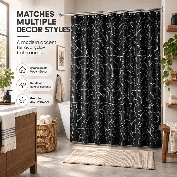 Stone Texture Silver Foil Shower Curtain, 72" Thickened Waterproof Bathroom Partition, Modern Home Decor Curtain for Tub & Shower Stall, Rust Proof Grommets, Black