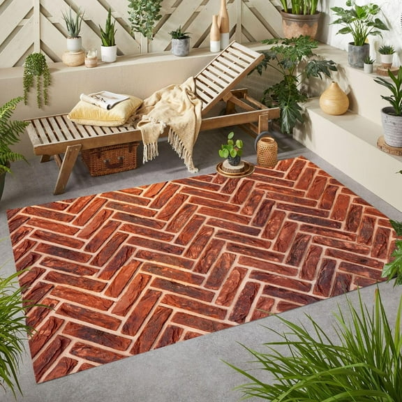 Stone Textured Terracotta Area Rug, Modern Indoor Outdoor Design Carpet, Washable Non Slip Waterproof Durable, Patio Deck Balcony Backyard Entrance Mat 3x5ft