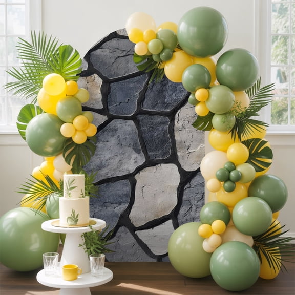 Stone Wall Arch Backdrop Cover, 4FT, Rustic Industrial Earthy Gray Blue Beige Pebbles Spandex Arch Covers Double-Sided Backdrop for Wedding Birthday Party Photo Background Decoration