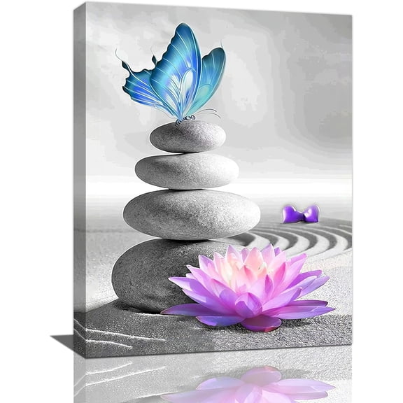 Stone Wall Art Zen Lotus Pictures Wall Decor Stones Flower Canvas Spa Yoga Meditation Print Artwork Home Decorations for Living Room Bedroom Bathroom Office Framed 12"x16"
