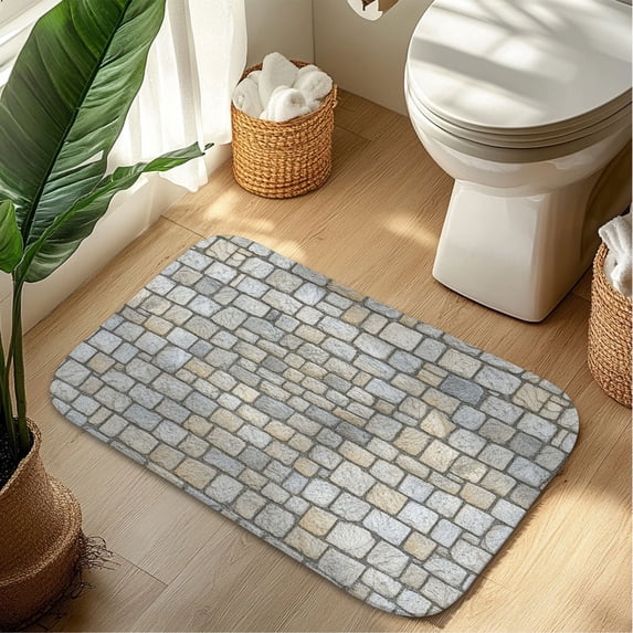 Stone Wall Plush Flannel Bath Rug 16x24 Inches, Quick Dry Absorbent Non Slip Mat for Bathroom Sink Tub