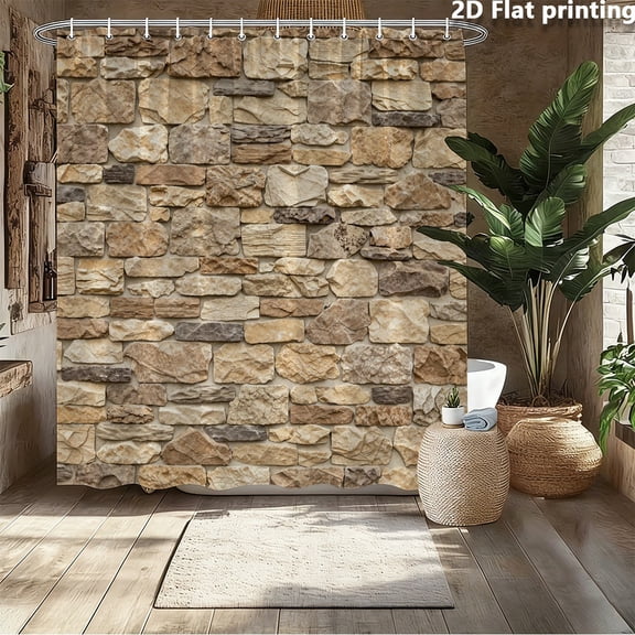 Stone Wall Shower Curtain, Rustic Stone Texture Print Bathroom Decor, 70x70 Inch