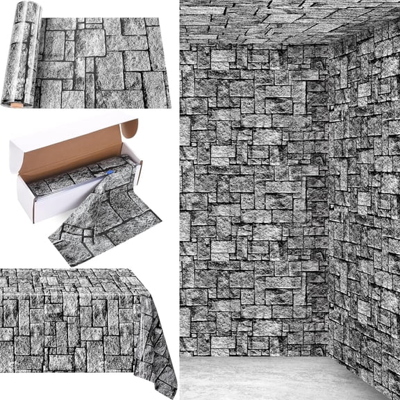 Stone Wall Tablecloth Roll 200 Ft x 54 Inch Disposable Plastic Brick Pattern Table Cover