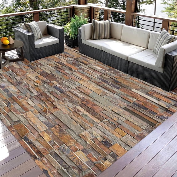 Stone Wall Texture Brown Grey Area Rug, Farmhouse Outdoor Design Carpet, Washable Non Slip Waterproof Durable, Patio Deck Balcony Garden Pool Mat 2x3ft