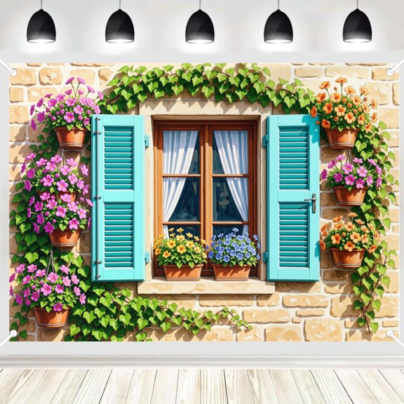 Stone Wall Window Ivy Potted Flower Photography Backdrop, Rustic Country Style Photo Background for Portrait Shooting 3x5ft