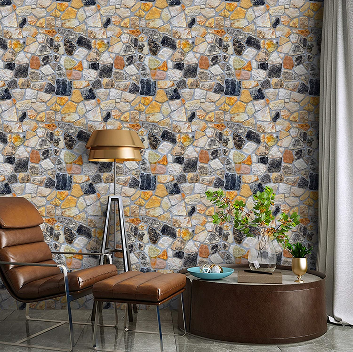 Stone Wallpaper, 3D Effect Blocks Yellow Black Multi Color Brick Peel and Stick Wallpaper, 17.7" x 393"