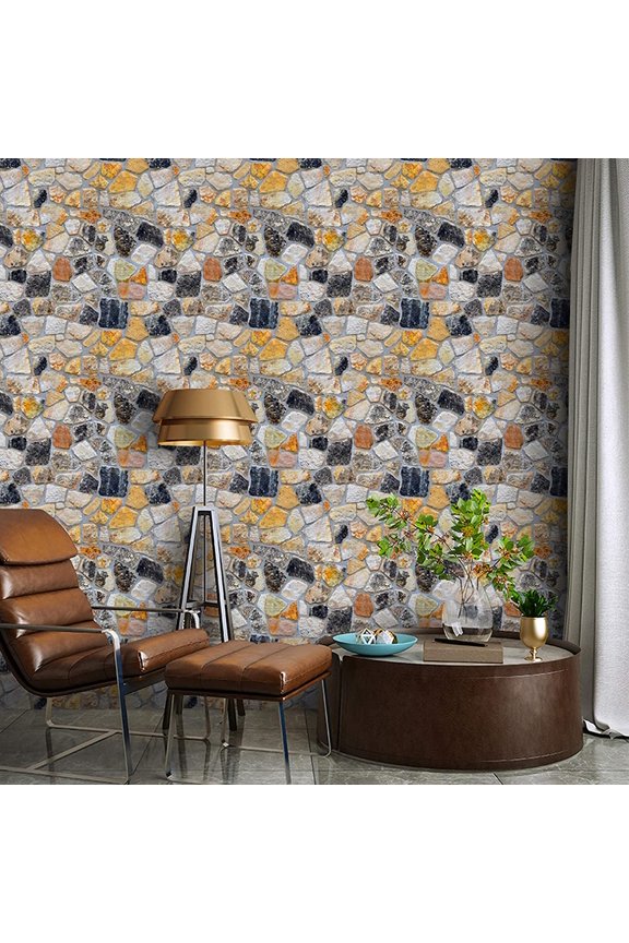Stone Wallpaper, 3D Effect Blocks Yellow Black Multi Color Brick Peel and Stick Wallpaper, 17.7" x 393"