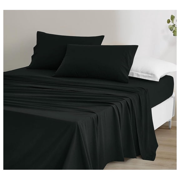 Stone Washed Queen Size Sheet Set - 4-Piece Extra Soft Wrinkle & Fade Resistant 14-Inches Deep Pocket Sheets & Pillowcases Set - Queen, Black