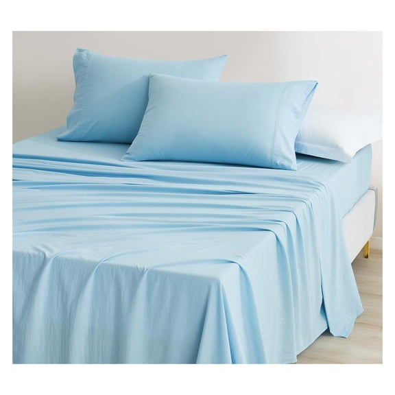Stone Washed Queen Size Sheet Set - 4-Piece Extra Soft Wrinkle & Fade Resistant 14-Inches Deep Pocket Sheets & Pillowcases Set - Queen, Chambray Blue