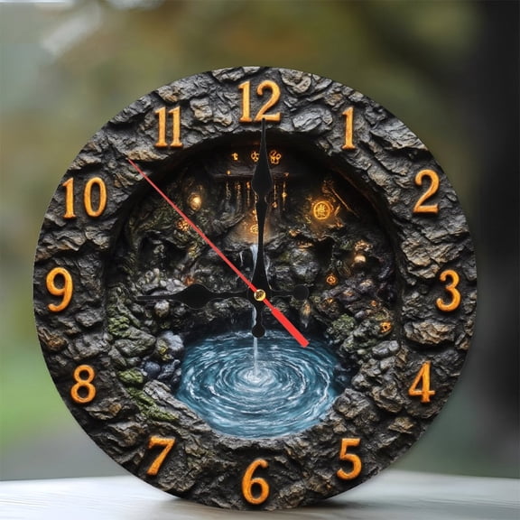 Stone Waterfall Cave Clock Resin Fantasy Decor 10-Inch Silent Wooden Wall Clock, Battery Operated (AA Batteries Not Included), Artistic Home Decor