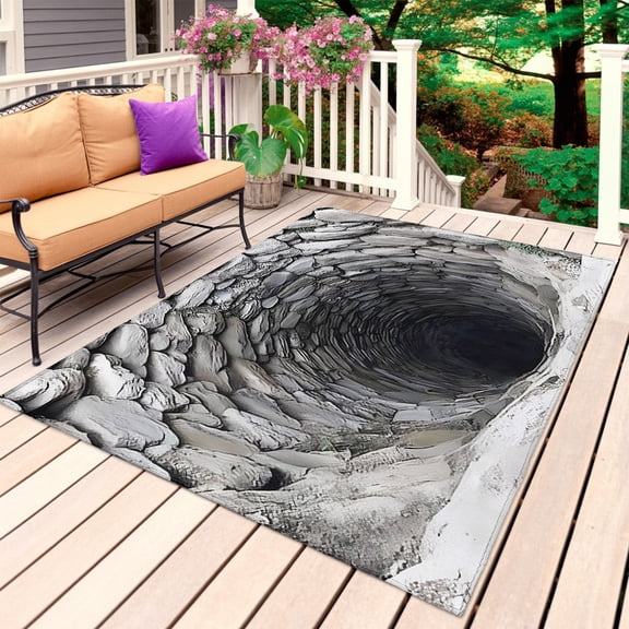 Stone Well Outdoor Rug for Patio/Deck/Porch, Non-Slip Large Area Rug 3 x 5 Ft, Grey Aperture Industrial Aged Stone Indoor Outdoor Rugs Washable Area Rugs, Reversible Camping Rug Carpet Runner