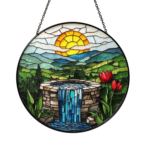 Stone Well Waterfall Scene Glass Suncatcher Round Window Ornament, Calming Nature Decor Gift for Home Display