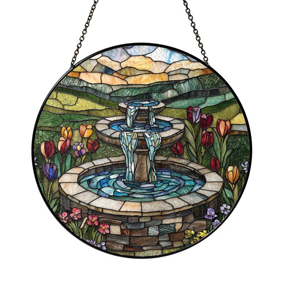 Stone Well and Waterfall Window Suncatcher, Stained Glass Inspired Hanging for Calm Home and Gift Ideas