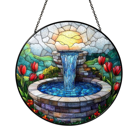 Stone Well with Waterfall Faux Stained Glass Window Decor2001