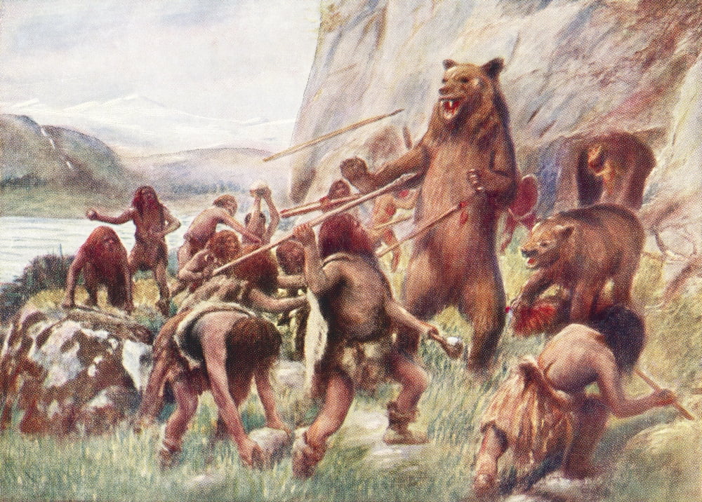 Stone age man hunting wild bears After a work c1920 Canvas Art - Ken Welsh Design Pics (32 x 22)