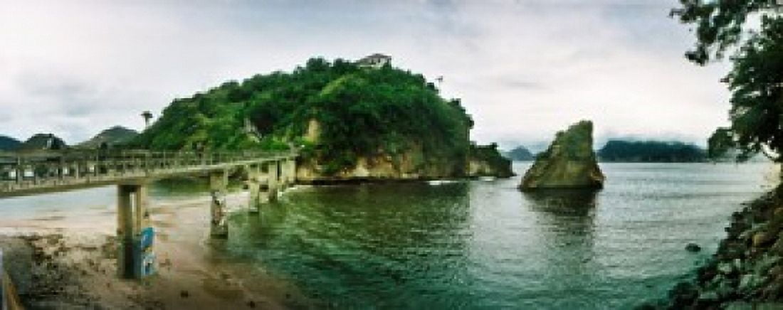 Stone bridge leading to a small island Niteroi Rio de Janeiro Brazil Canvas Art - Panoramic Images (30 x 12)