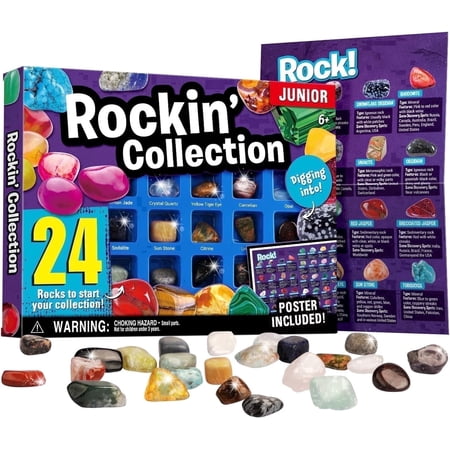 Piano Potato 24Pcs Rock Collection for Kids - Large Size Gemstone Starter Kit with Identification Poster & Storage Tray, STEM Geology Science Toy