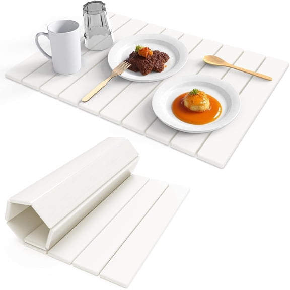 Stone dish drying mats for kitchen counter large 23.6"L x 15.4"W foldable diatomite dish stone drying mat, quick dry extra fast absorbent roll up rack, White/Black foldable stone dish drying mat