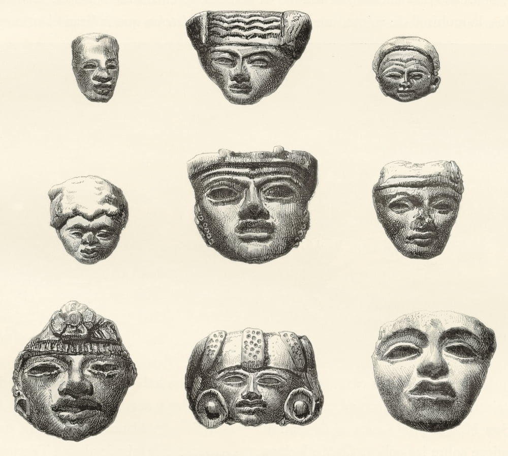 Stone heads and masks found at Teotihuacan Mexico by Desir Canvas Art - Ken Welsh  Design Pics (28 x 26)