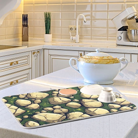 Stone on Green Leaf Dish Drying Mats for Kitchen Counter Absorbent Microfiber Coffee Pad