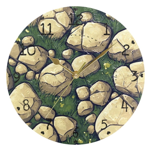 Stone on Green Leaf Round Wall Clock Silent Battery Operated Home Decor for Living Room Bedroom