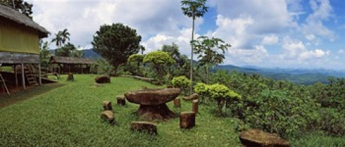 Stone table with seats Flores Island Indonesia Canvas Art - Panoramic Images (30 x 13)