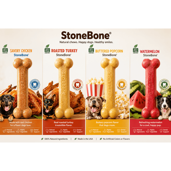 StoneBone 4-Pack Dog Chew Bones Long Lasting, Flavor Variety (Turkey, Chicken, Watermelon, Popcorn)