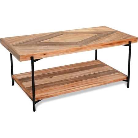 StoneCreek Solid Fir Wood Coffee Table - Metal Frame, 2-Tier Industrial Farmhouse Table for Living Room/Bedroom/Office, 44" Rectangular Table