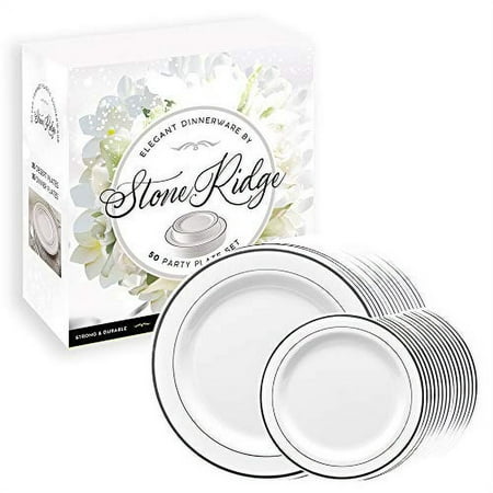 StoneRidge Classy Disposable White Plates, Silver Trim Plastic Party Plates, 50 Pieces