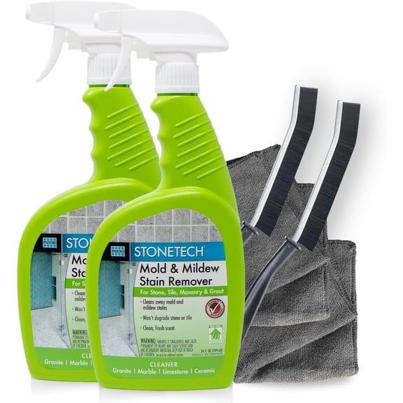 StoneTech Mold and Mildew Stain Remover Cleaning Kit | Kitchen, Patio, Shower, and Bathroom Cleaner for Natural Stone, Tile, and Gr, 2-Pack 24-Ounce Spray with Microfibers and Crevice Brushes